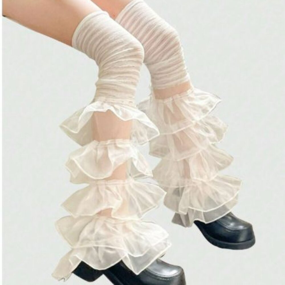 White Lace & Sheer Mesh Organza Ruffle OTK Legwarmers Kawaii Rave J-Fashion